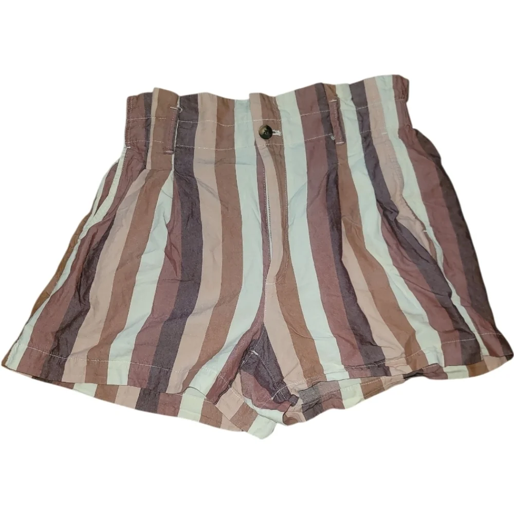 Madewell Blush tan Ivory viscose cotton linen striped paper bag waist shorts 4 - Picture 3 of 8